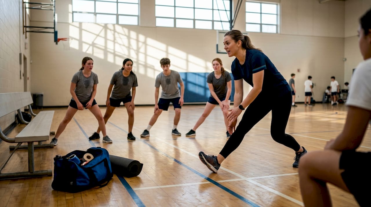 Trainer leading dynamic basketball warm-up drills