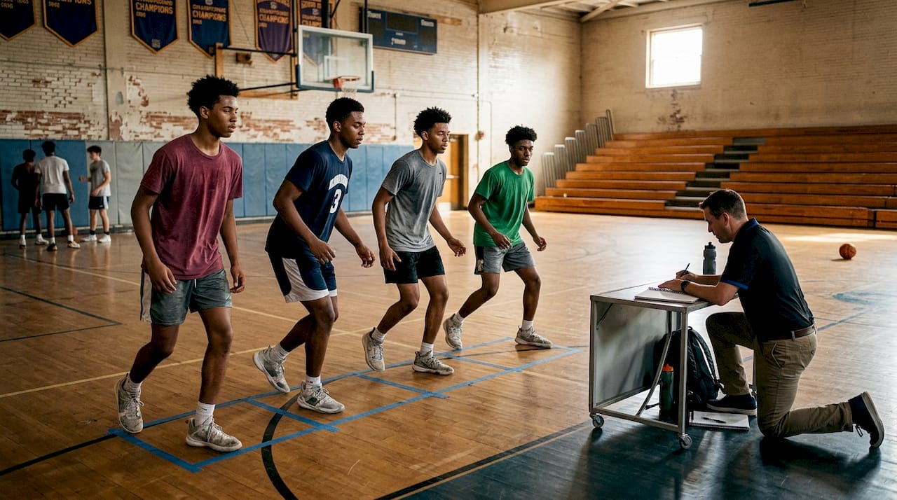 Players practice defensive rotations in gym