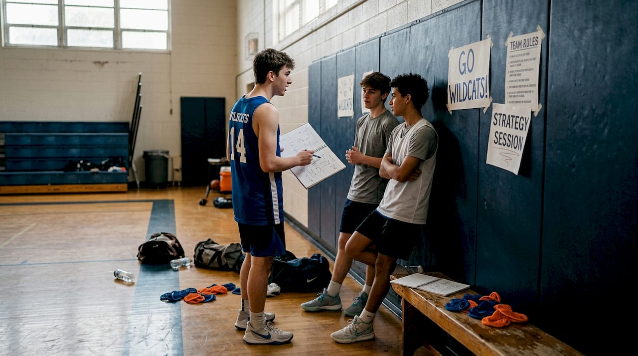 Player and teammates discussing leadership strategy