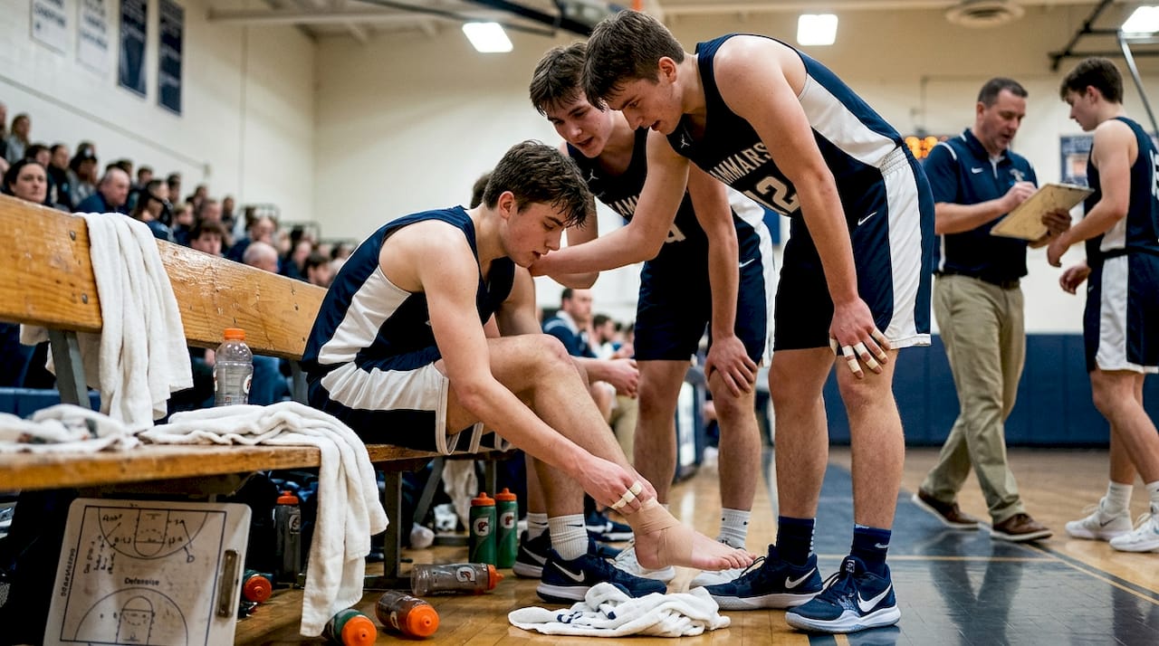Teammates support injured player on bench