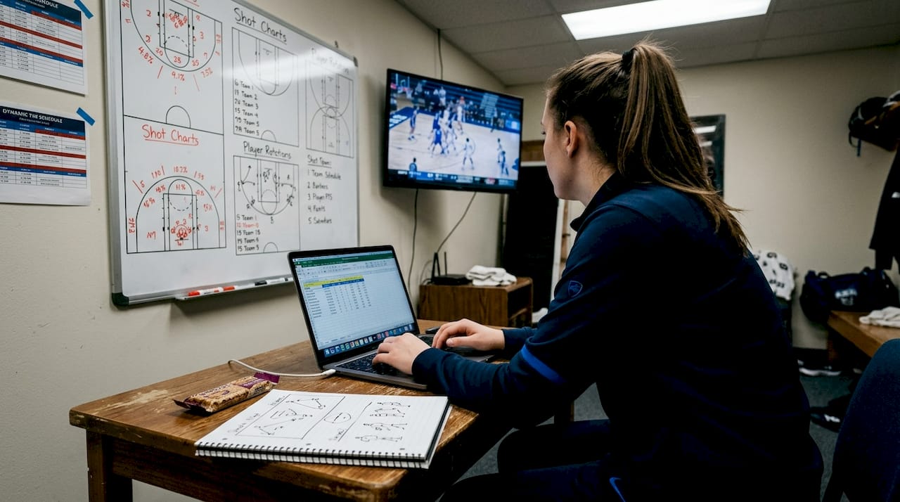 Assistant coach reviewing basketball stats with film