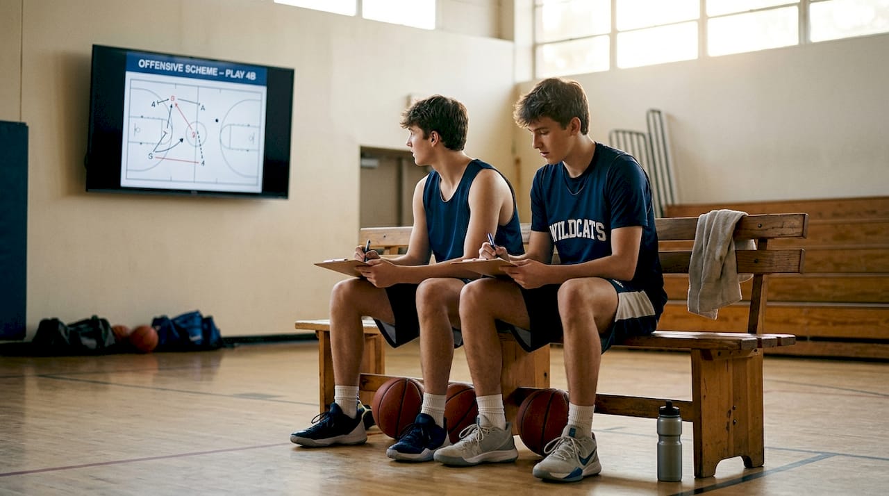 Players watching basketball video and taking notes
