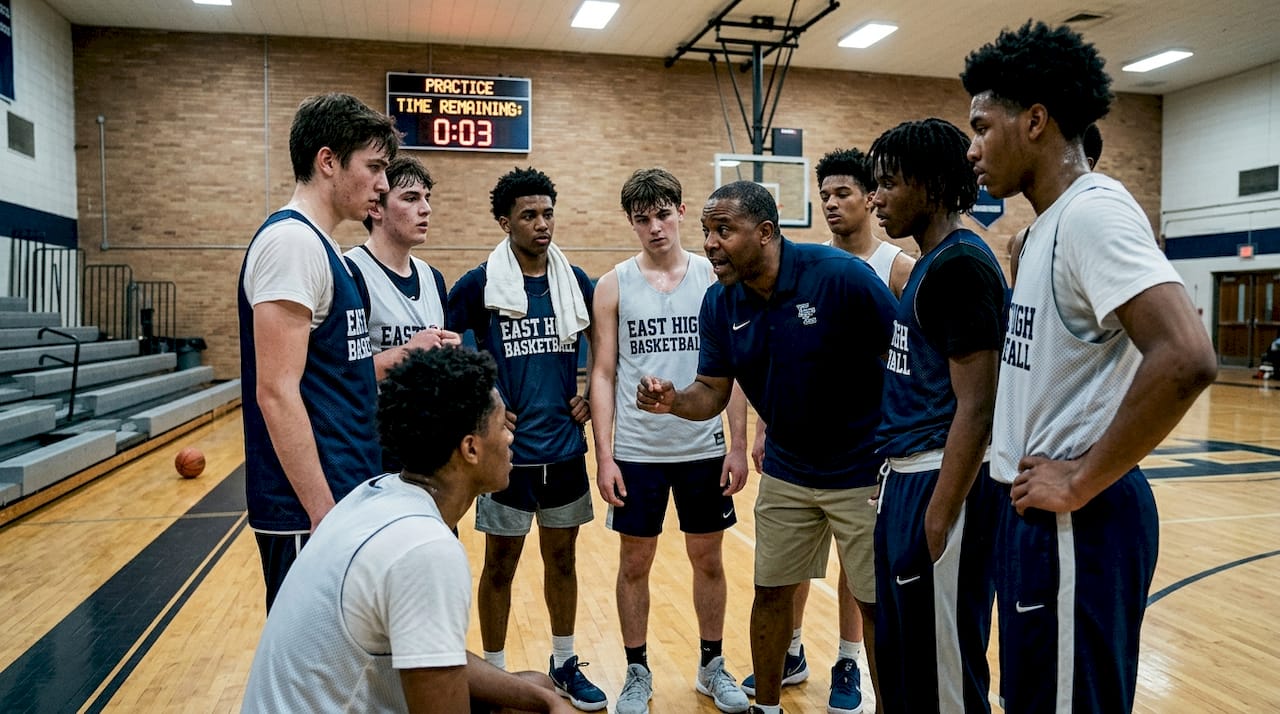Basketball team listening to coach at practice