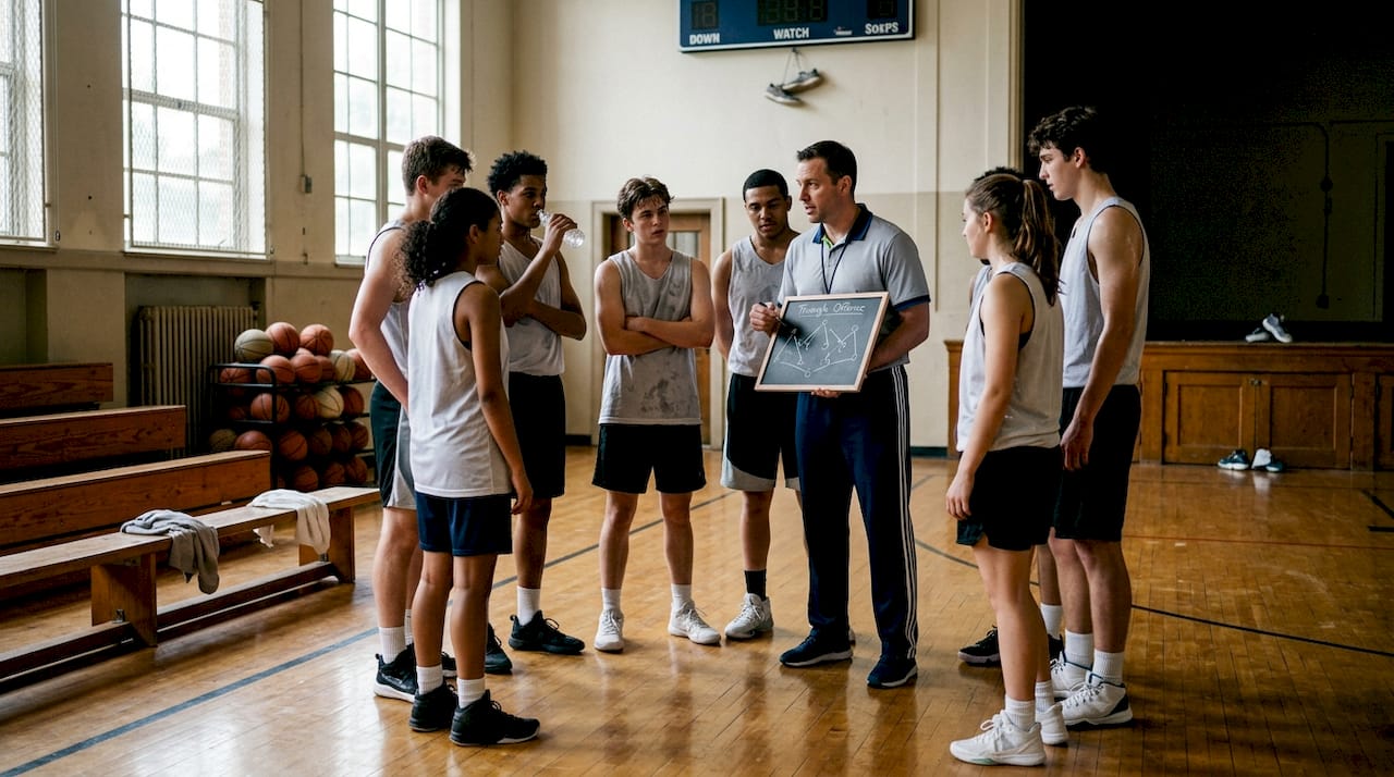 Team learning triangle offense basics in gym