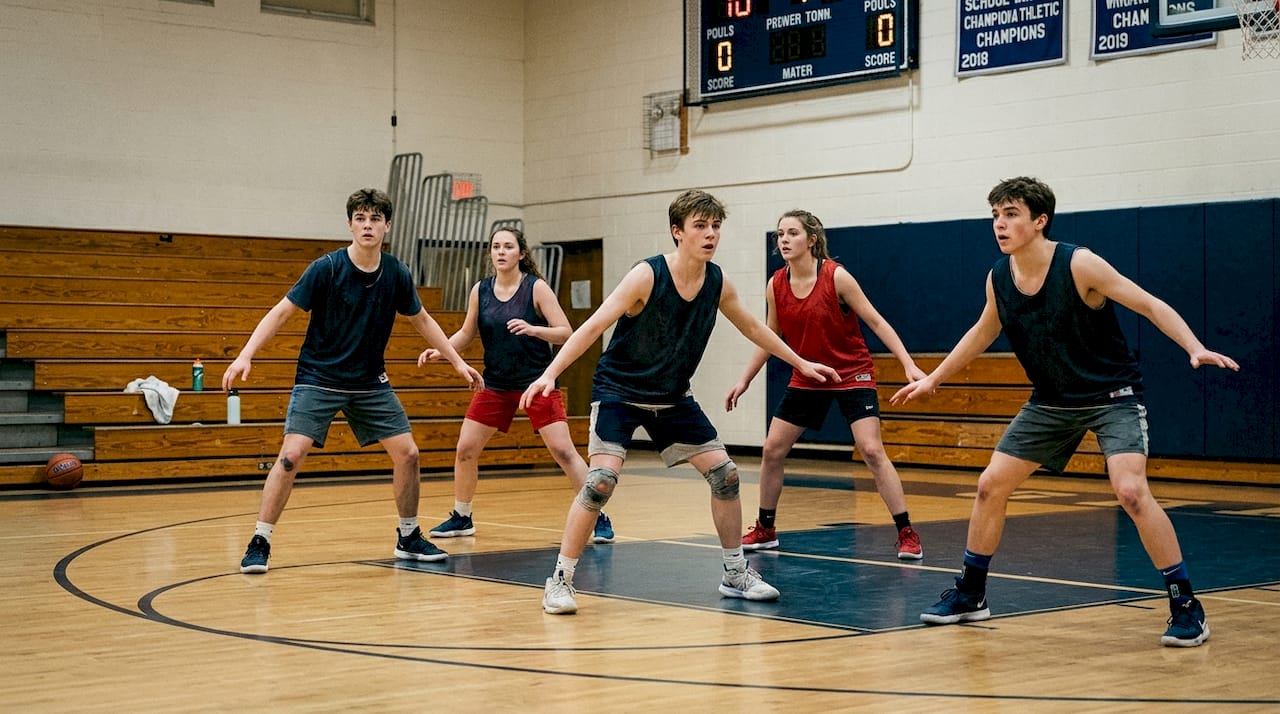 Basketball team practicing defensive stance