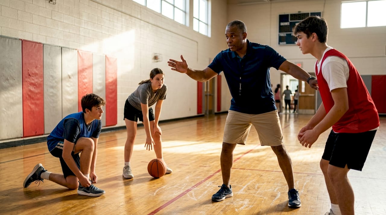 Coach demonstrating screen technique to players