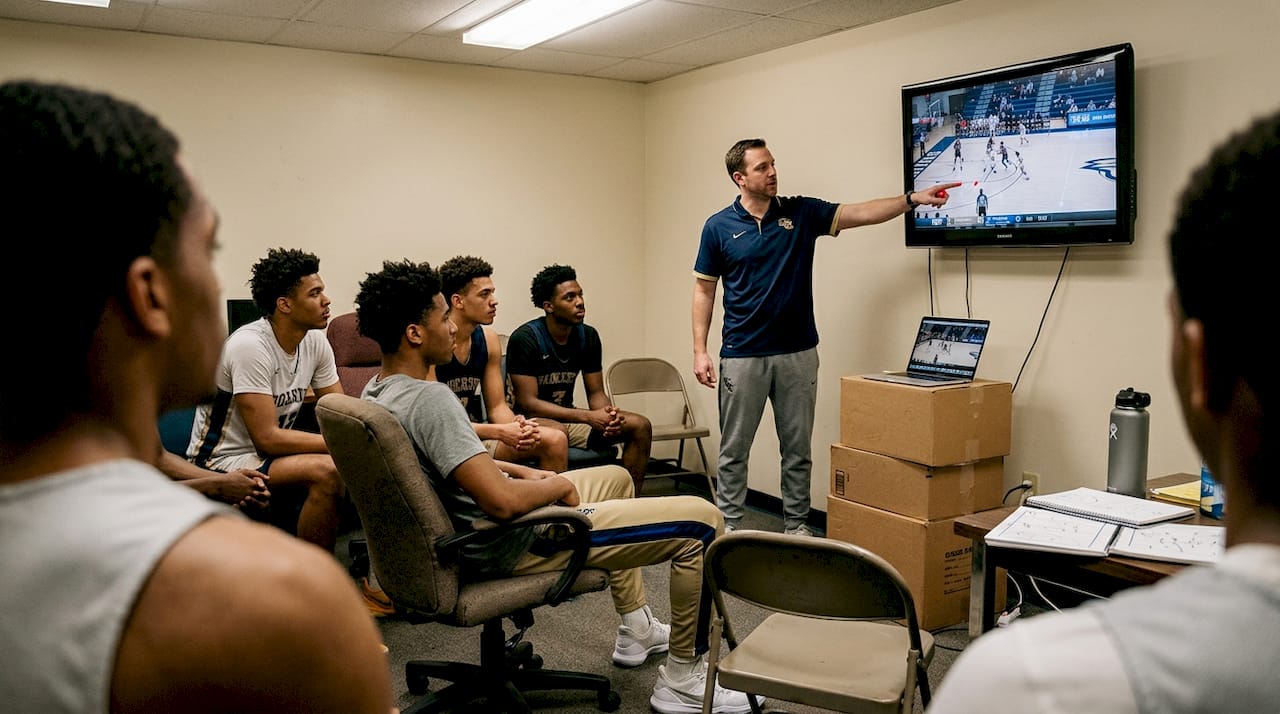 Players study film in basketball team meeting