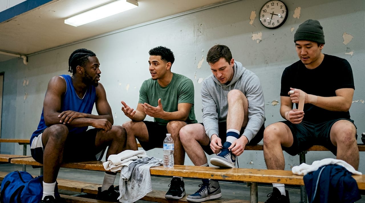 Teammates connecting on bench before basketball game