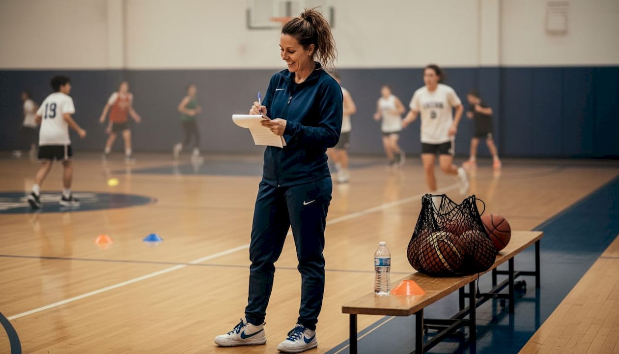 Coach taking notes during basketball training session