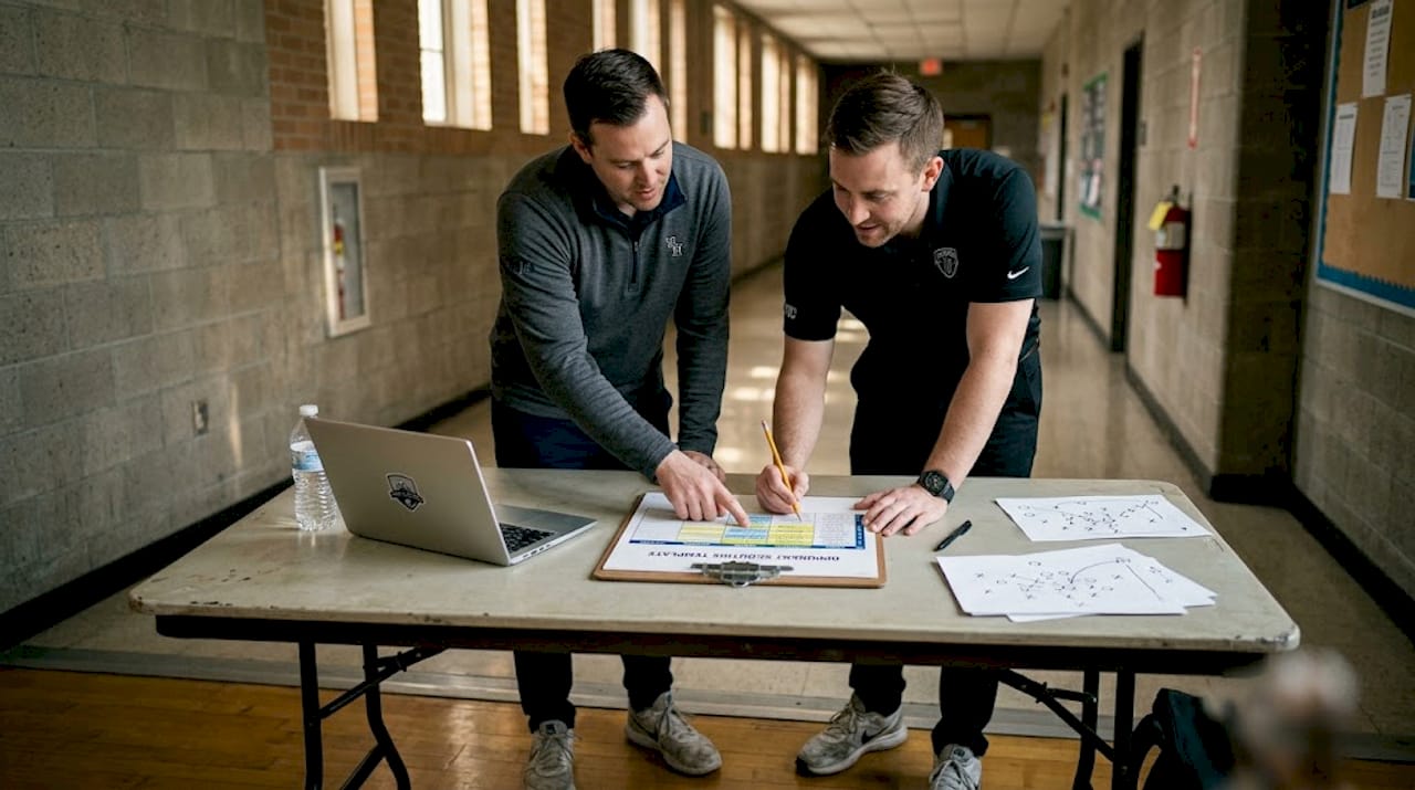 Coaches collaborating on opponent scouting form