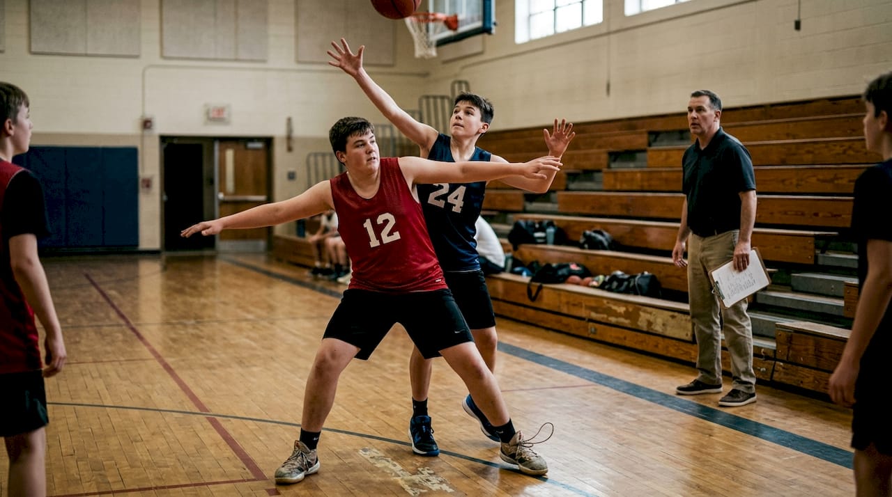 Youth players boxing out under basket
