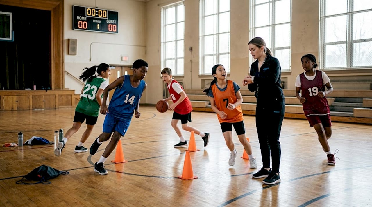 Youth basketball players running short drills