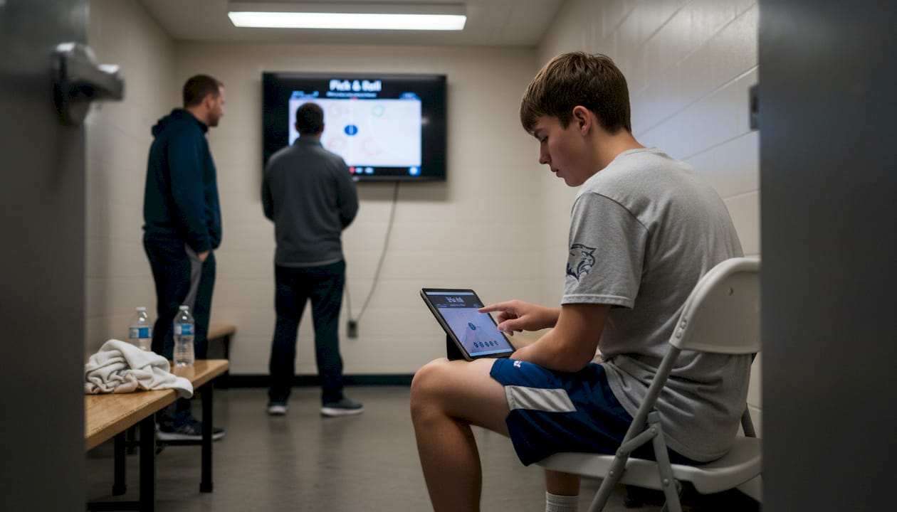 Basketball player reviewing pick and roll film