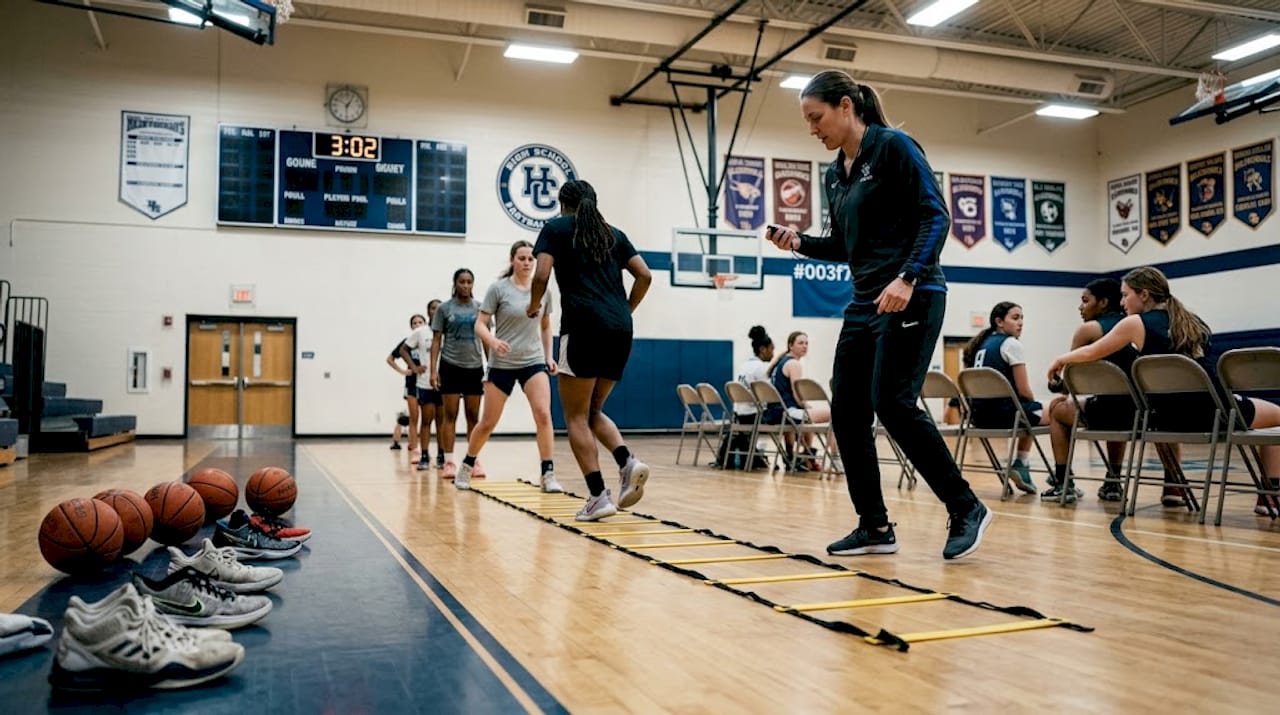 Players performing basketball agility conditioning test