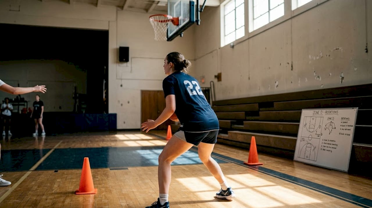 Female post player setting up position in gym