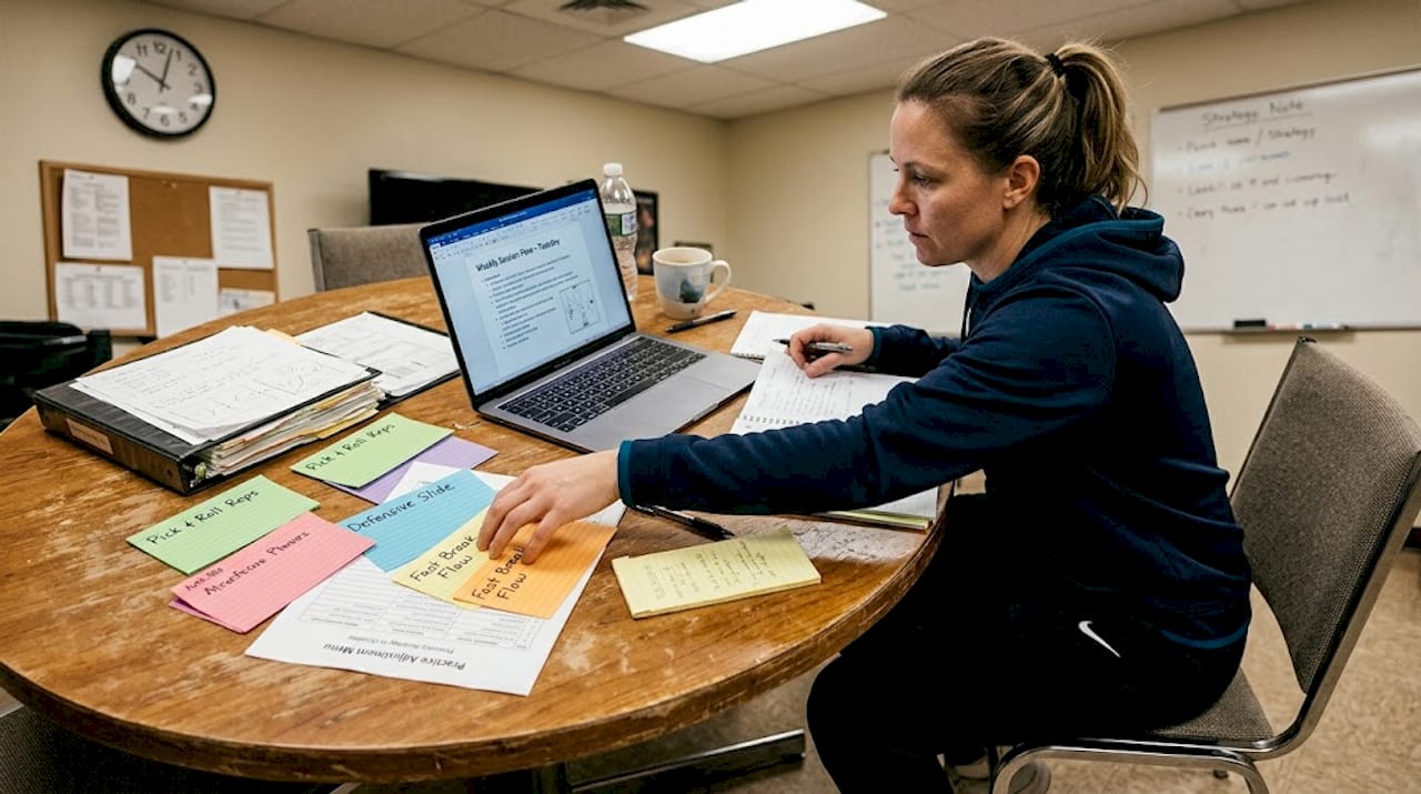Coach adjusting drills at work table