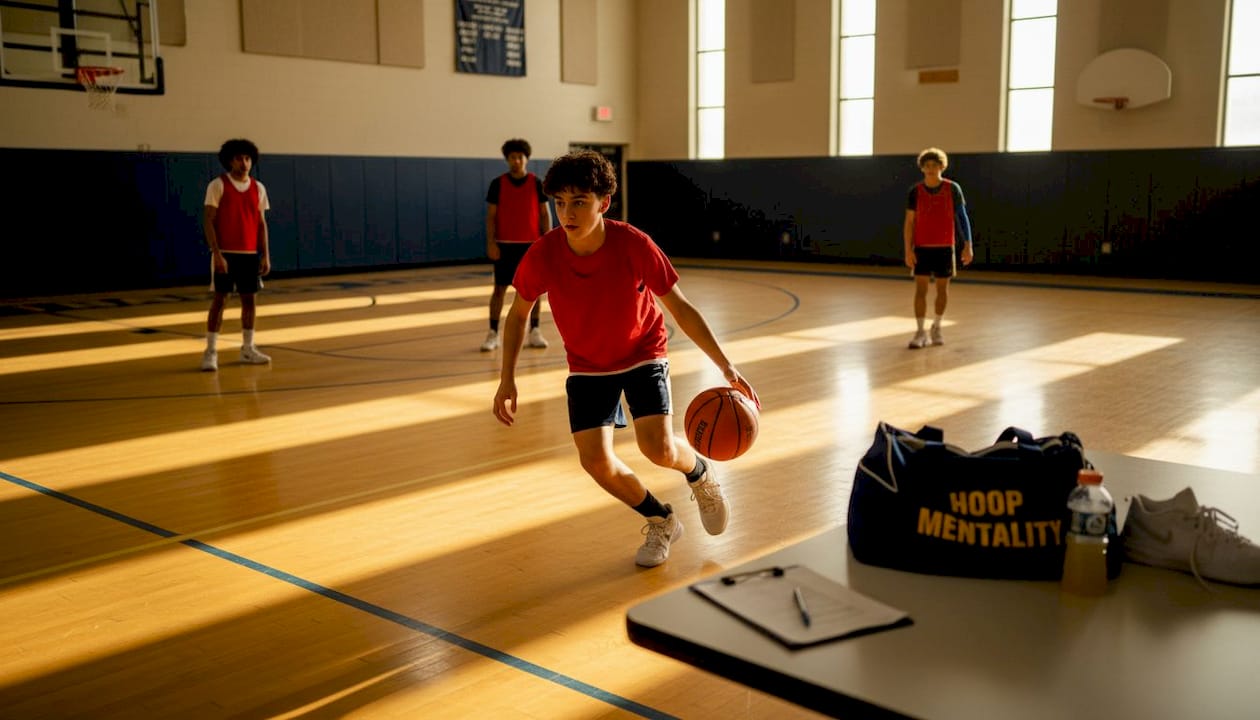 Basketball players clearing space during practice