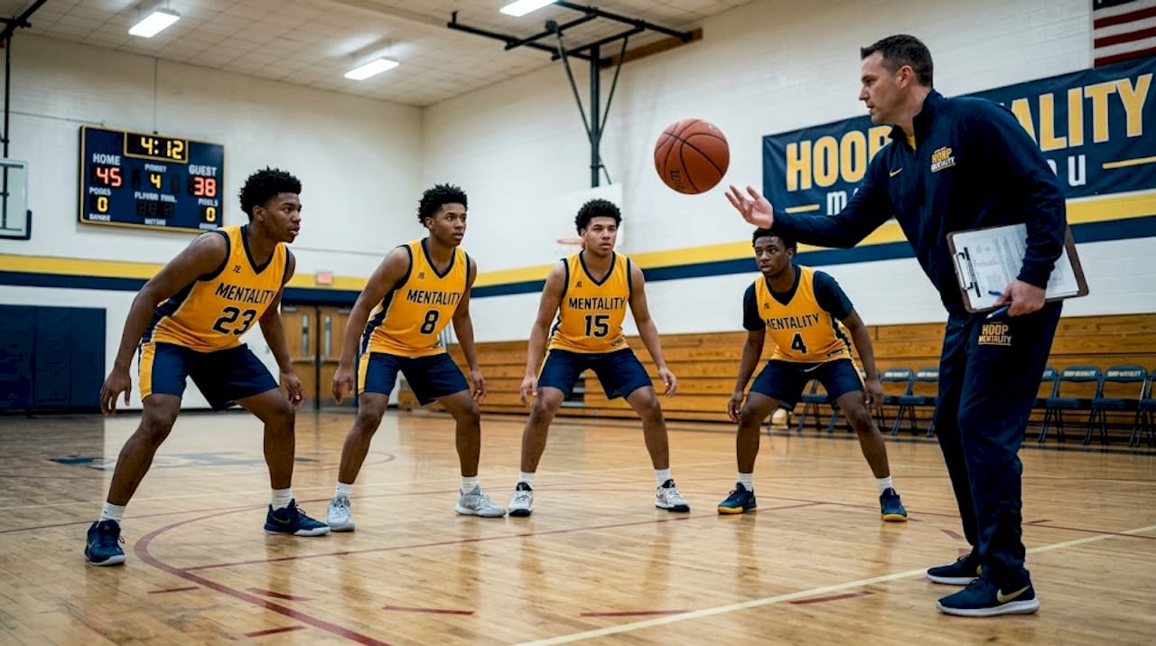 Team practicing shell drill on gym floor