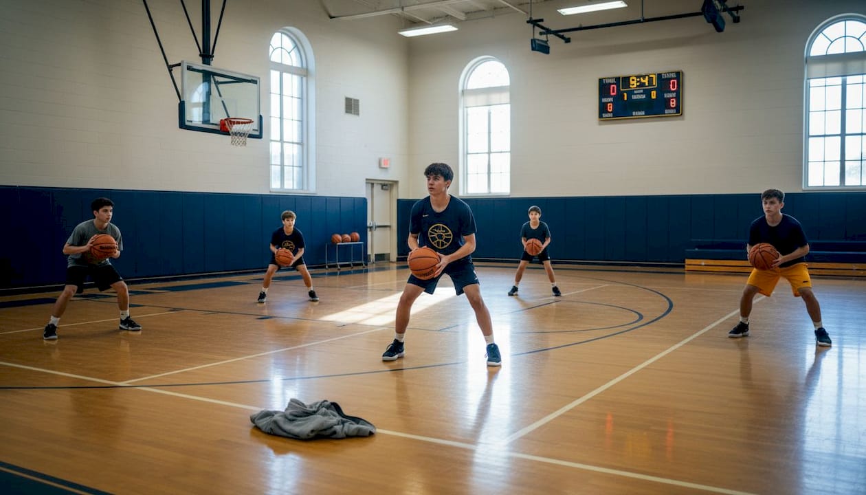 Teens running basketball spacing drill