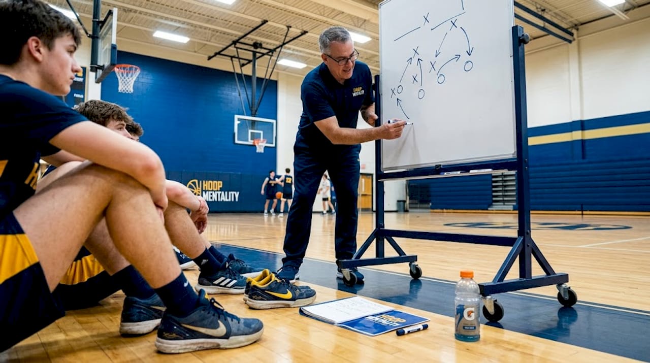 Coach explaining pick and roll with whiteboard