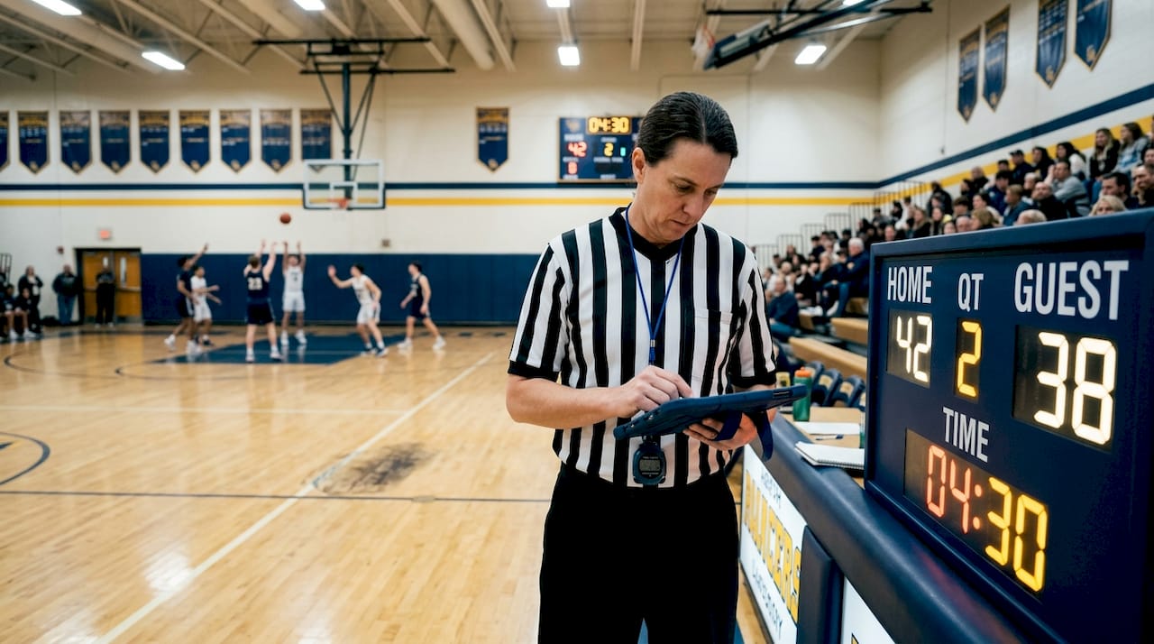 Referee updating basketball scoreboard courtside