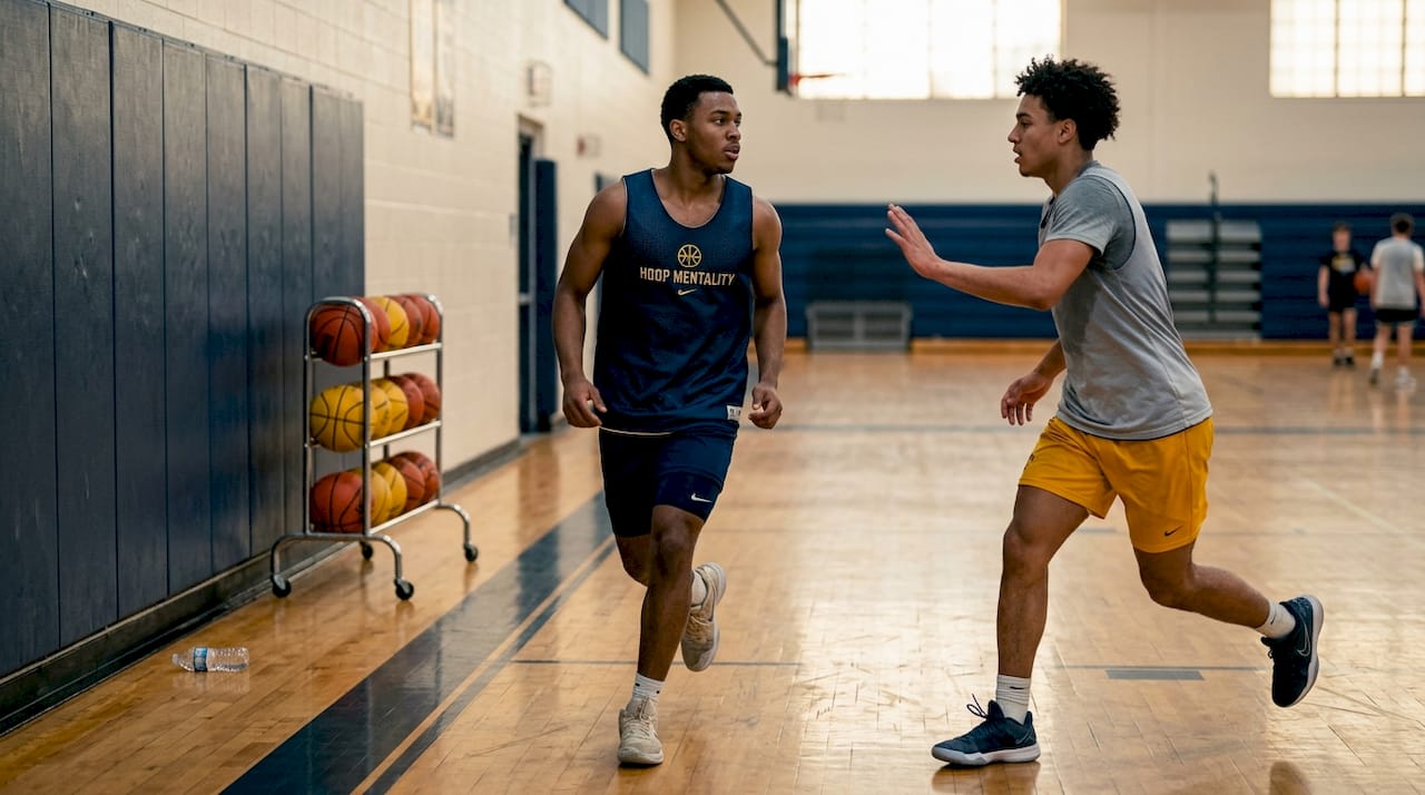 Players work on off-ball movement in gym