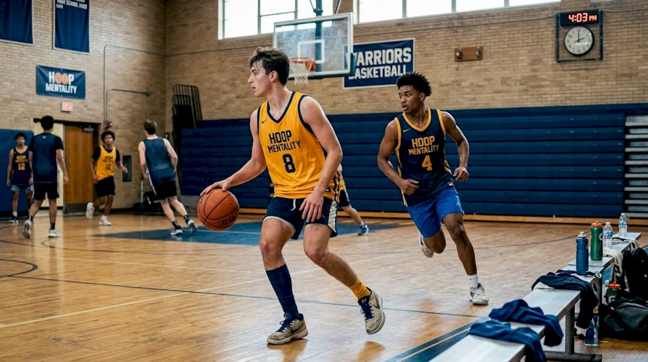 Players running basket cut and fill drill