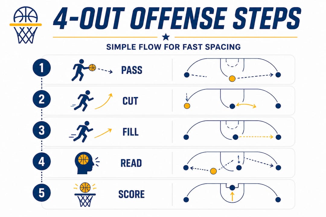 Infographic shows 4-out offense basic process