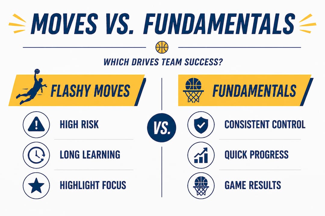 Infographic comparing flashy moves and fundamentals