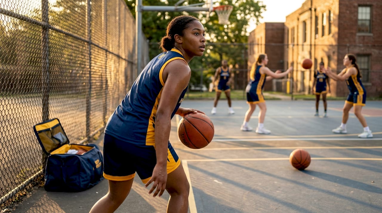 Point guard dribbling in team basketball drill