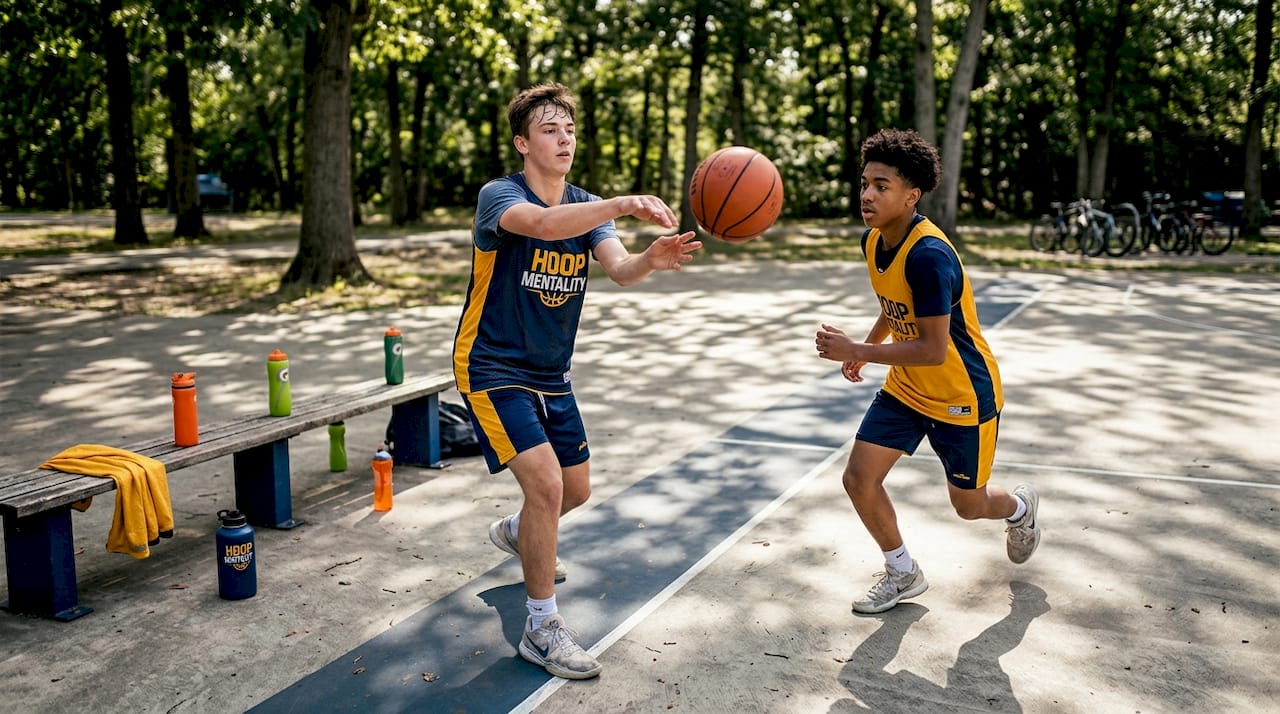 Players practicing dynamic basketball spacing