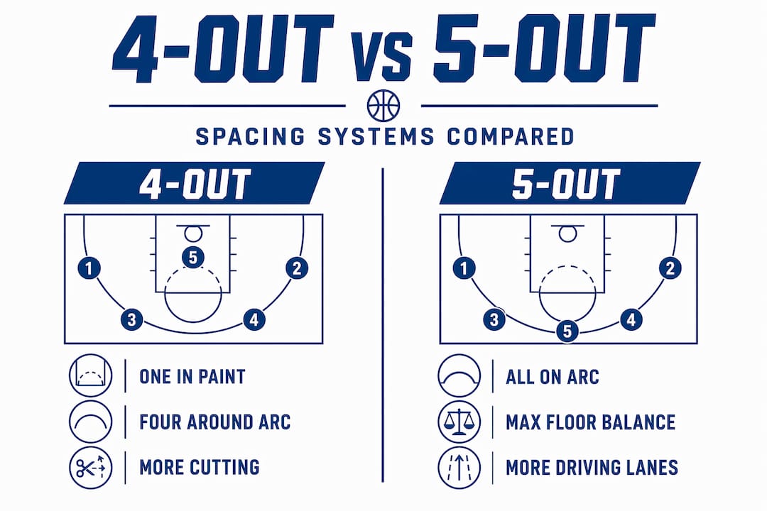 Infographic comparing 4-out and 5-out basketball spacing