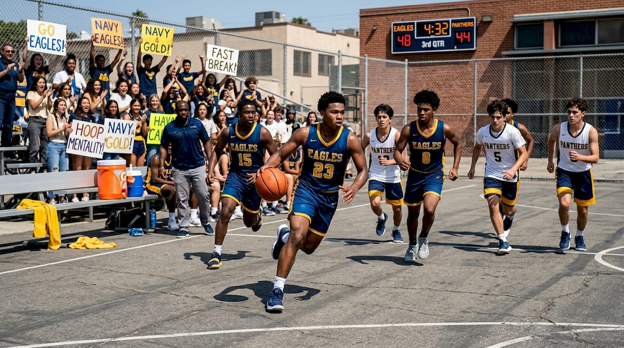 Players executing basketball fast break in-game