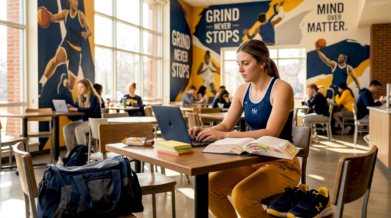 Student athlete studying in campus lounge