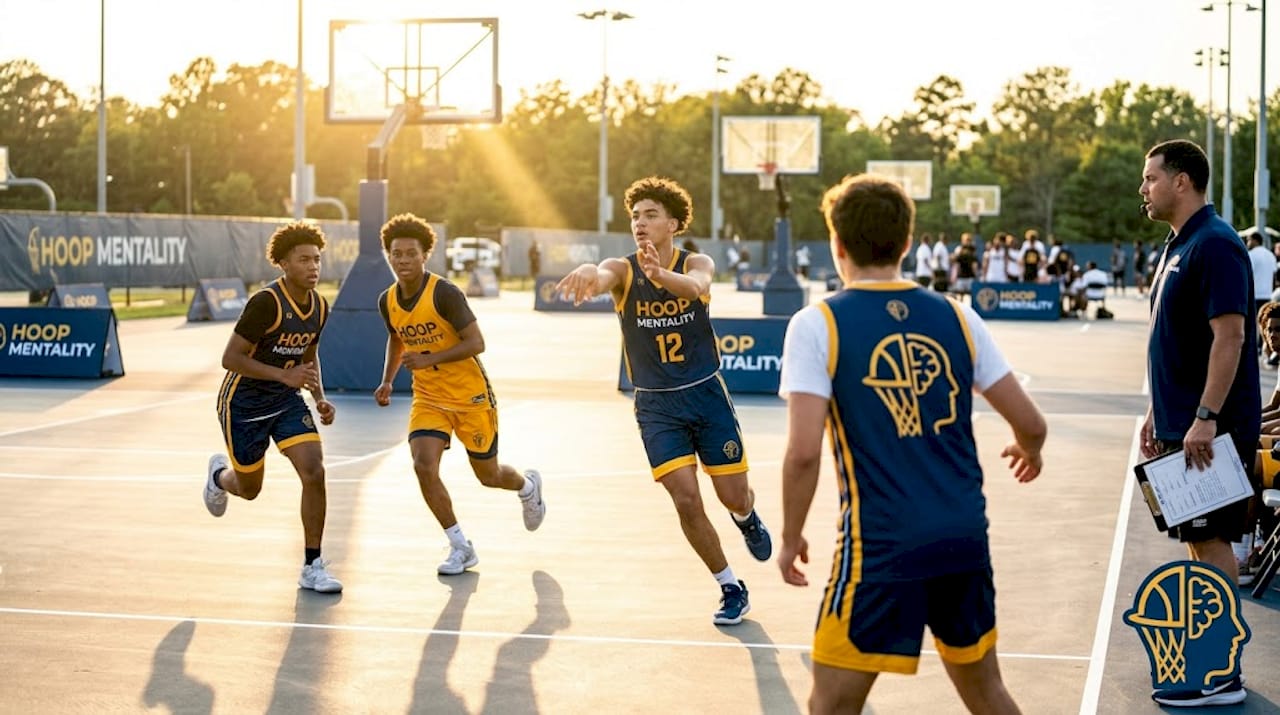 Players executing fast break basketball drill