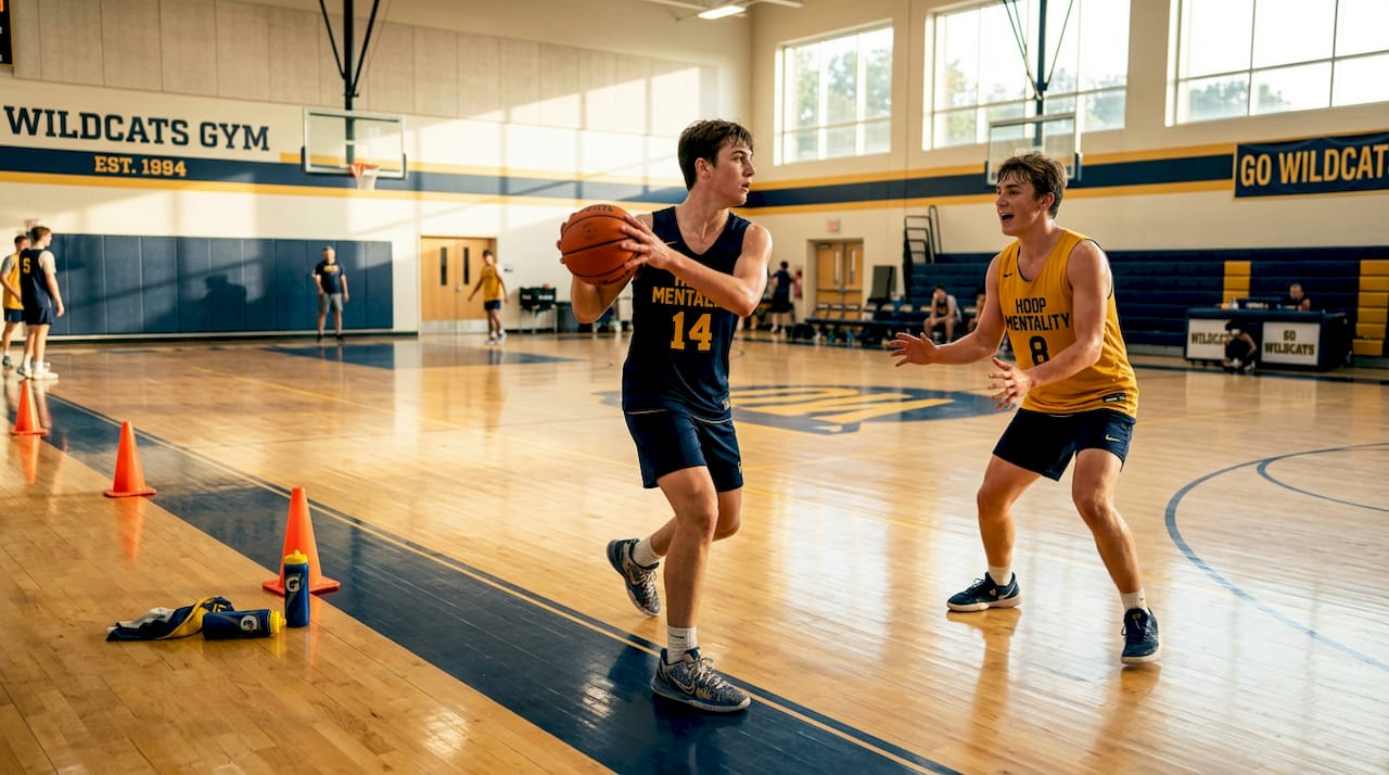 Basketball players running press break drill