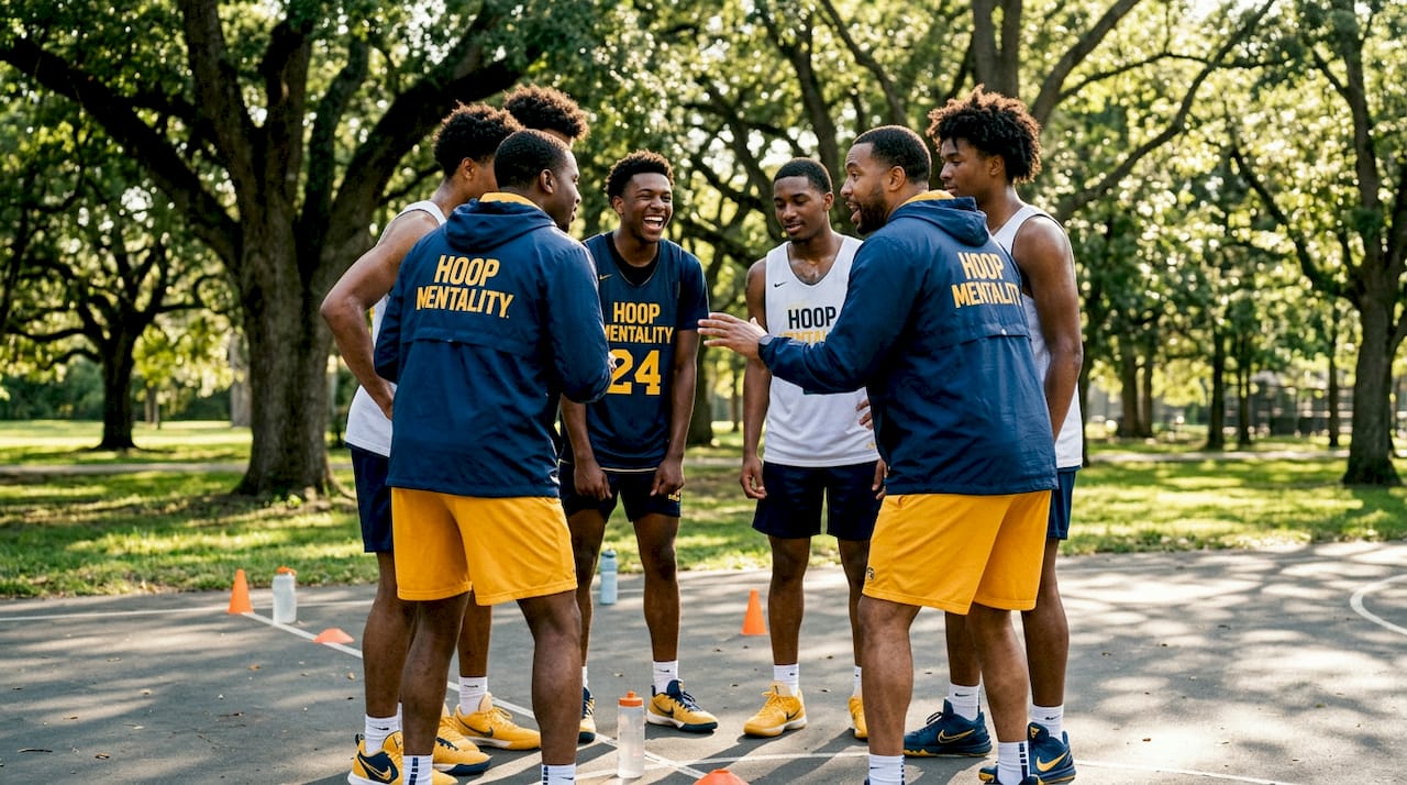 Coach and players in supportive post-practice huddle