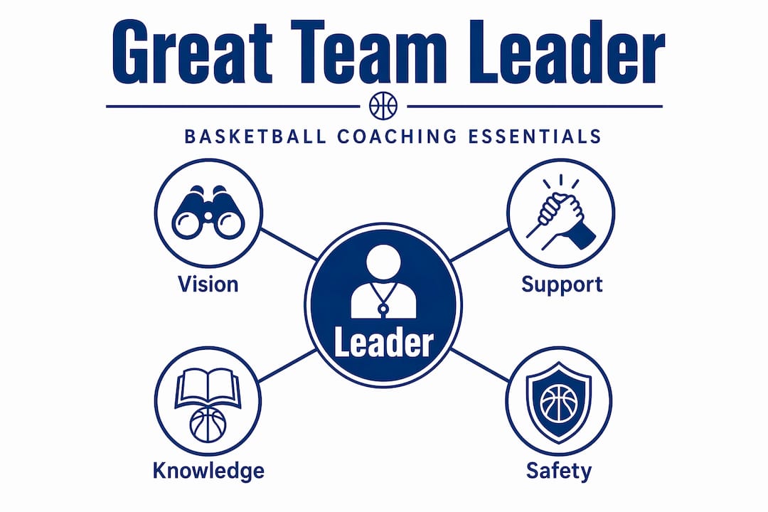 Infographic showing key leadership qualities for basketball coach