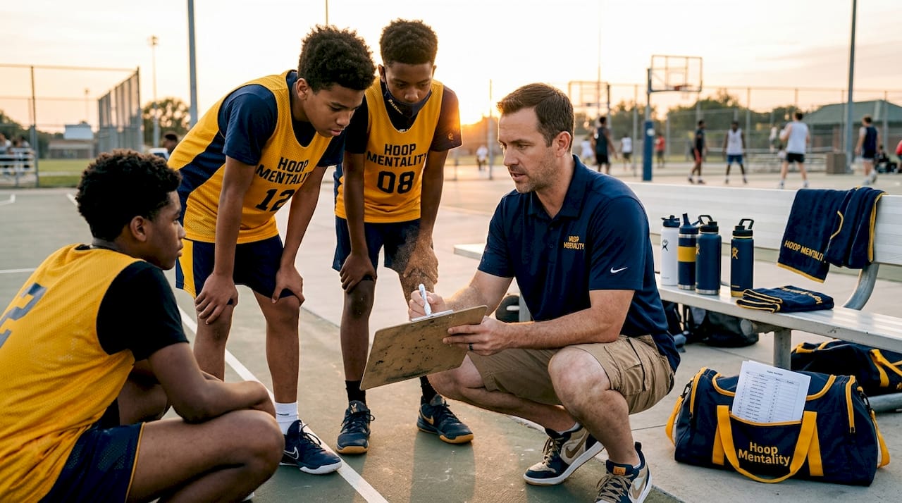 Coach drawing play for basketball team