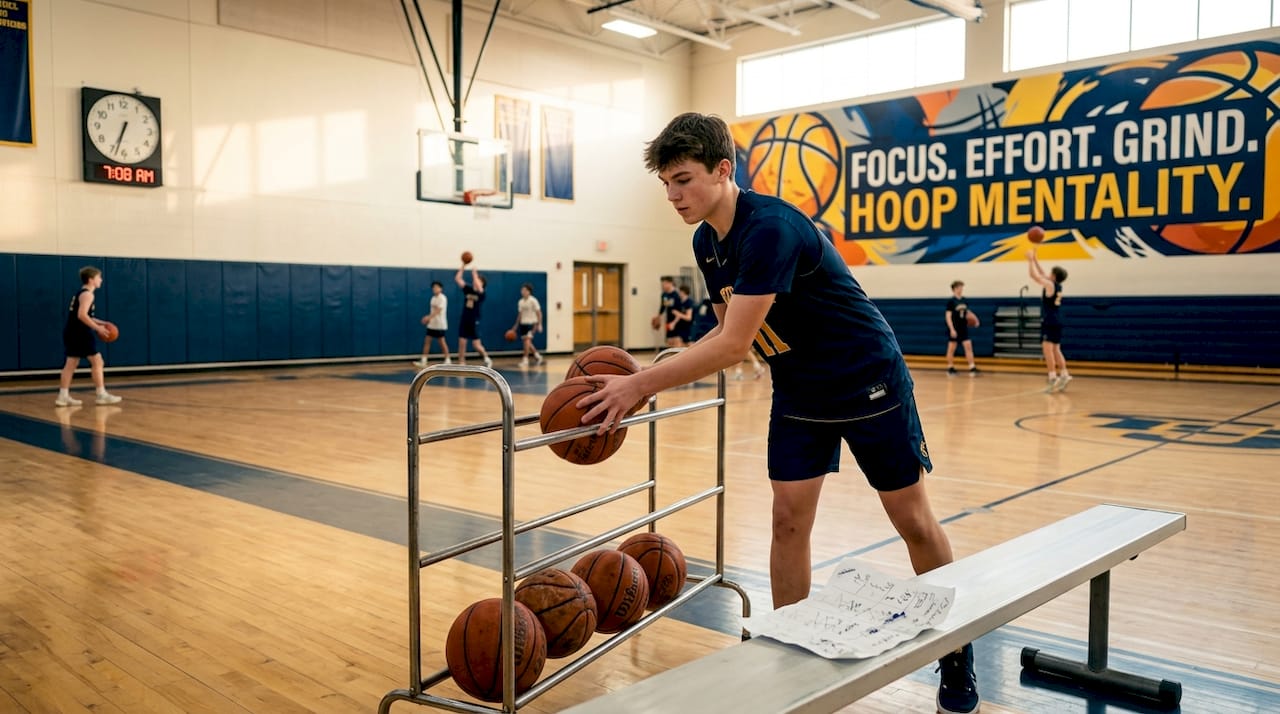 Teen basketball player practicing shooting drills