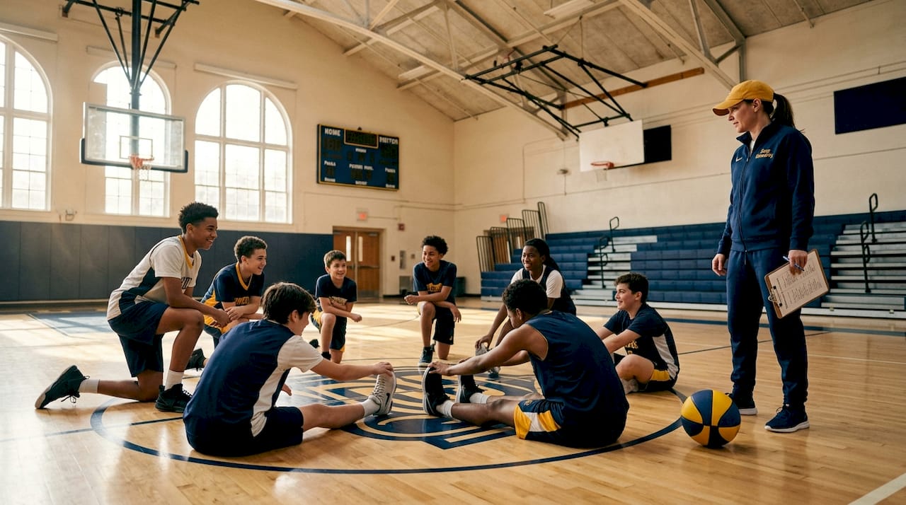 Coach observes kids warming up in gym