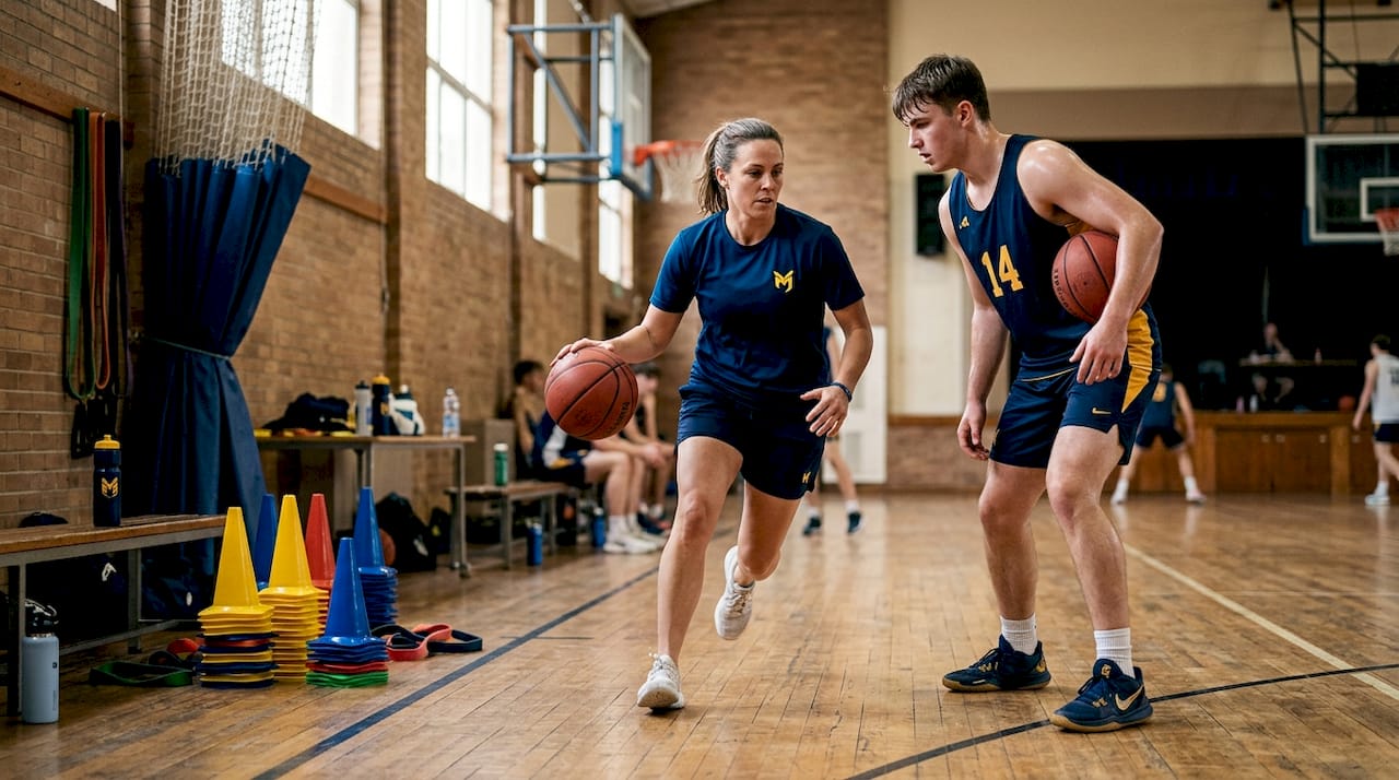 Assistant coach leading individual skill drill in gym