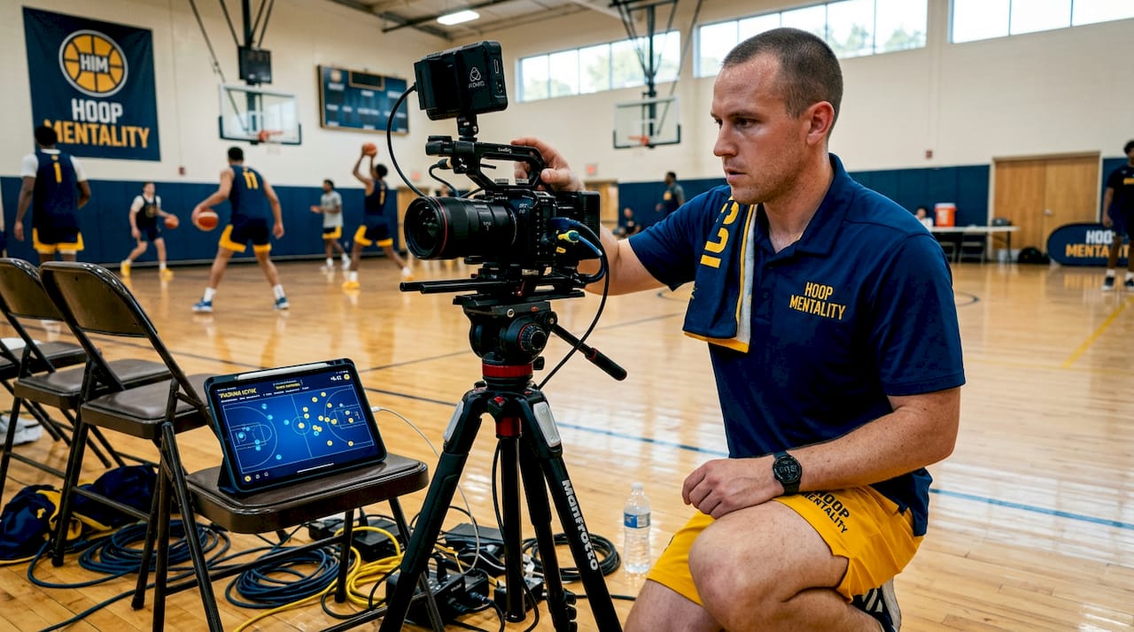 Technician setting up AI scouting camera courtside