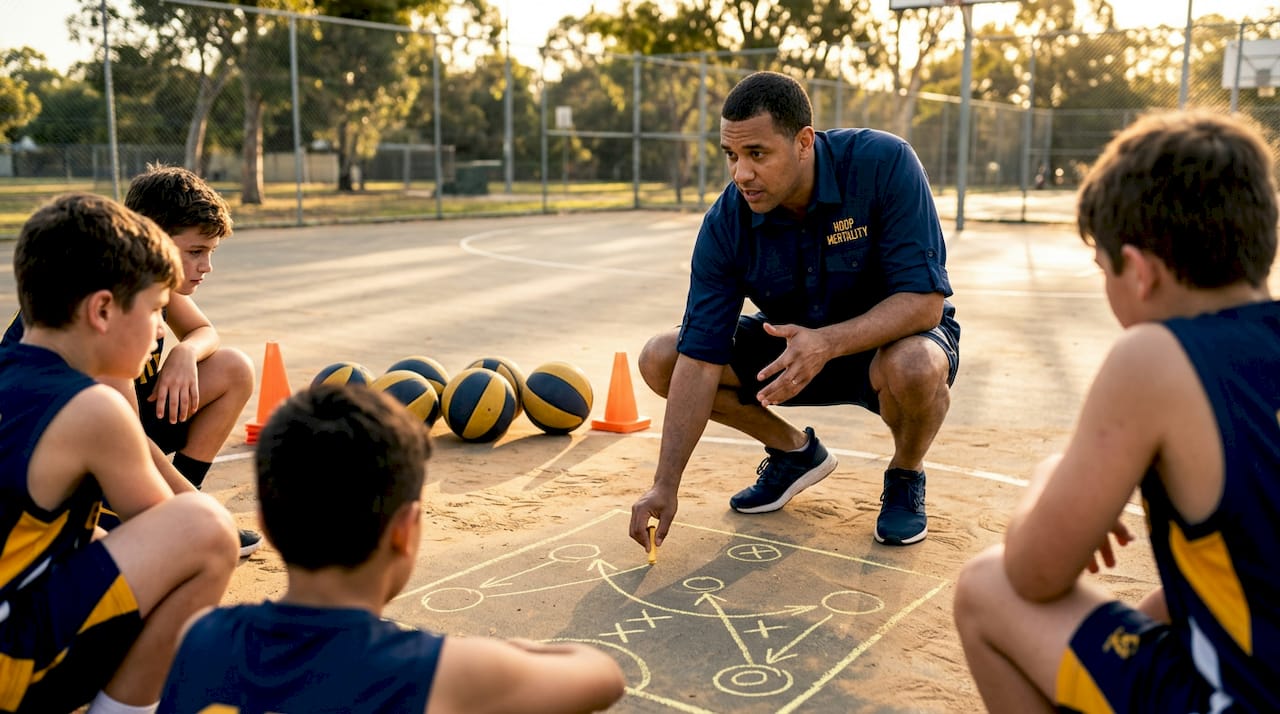 Coach teaching basketball defense positioning to players