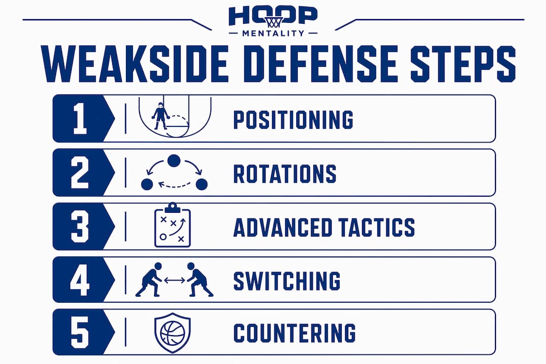 Infographic illustrating five steps of weakside basketball defense