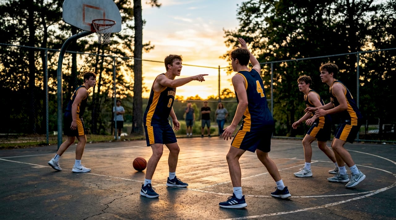Players practicing communication during basketball drill