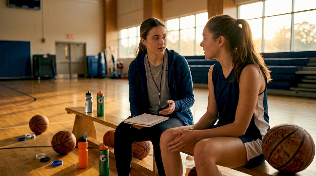 Basketball coach attentively listening to player