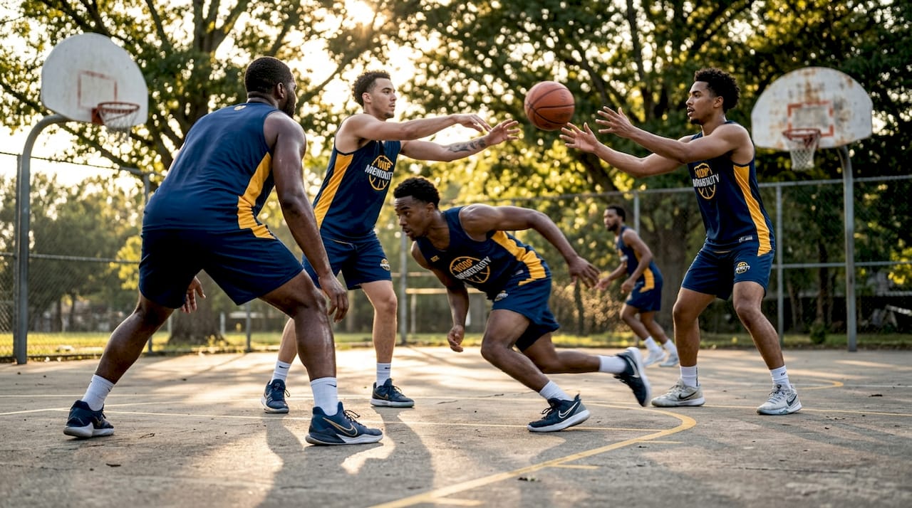 Basketball players executing flex offense moves