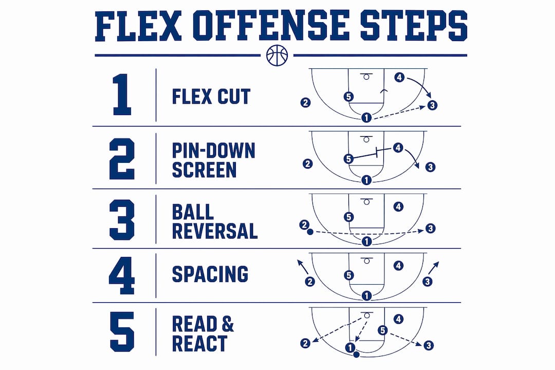 Infographic of the five key steps in flex offense basketball