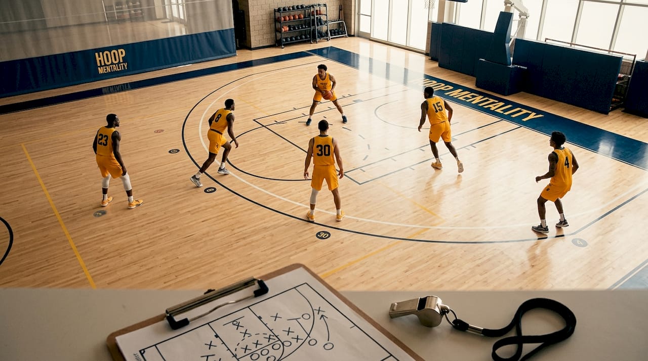 Overhead view of basketball players in 5-out formation during practice